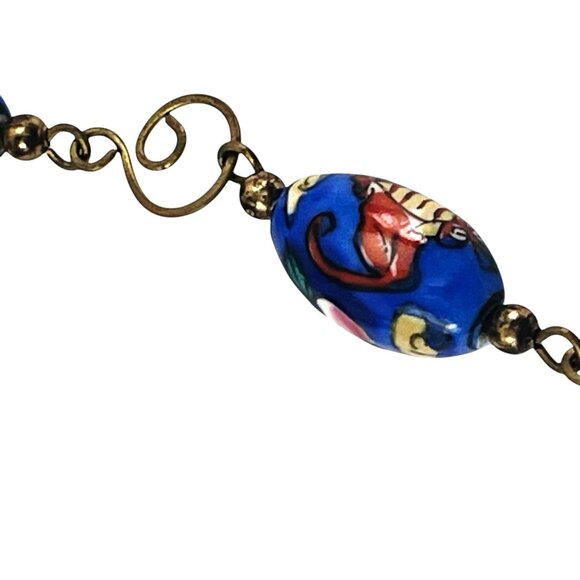 Vintage Hand-Painted Blue Millefiori Glass Bead Necklace Gold-Tone Metal Chain - Picture 9 of 13